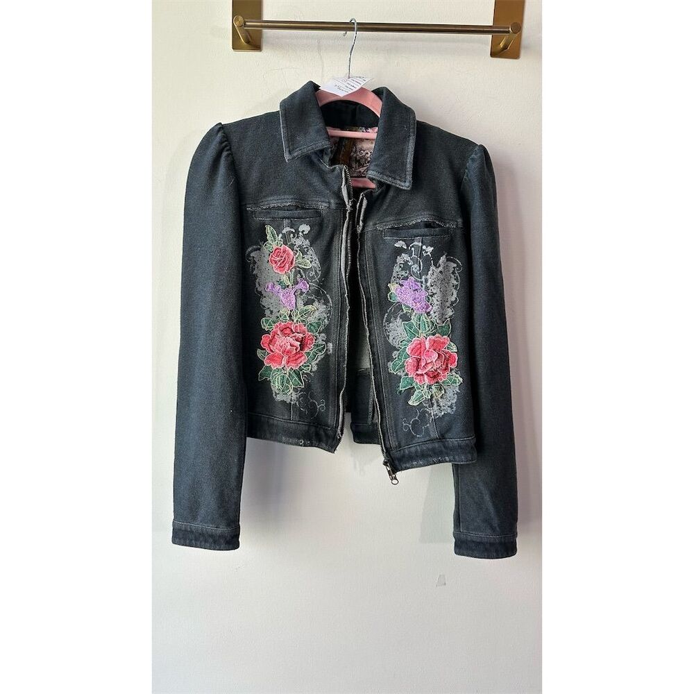 Aratta Black Bomber Jacket with Pink & Purple Floral Embroidery